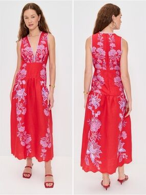 Farm Rio Porcelain Garden Red Midi Dress Embroidered Floral V Neck Size S NWT